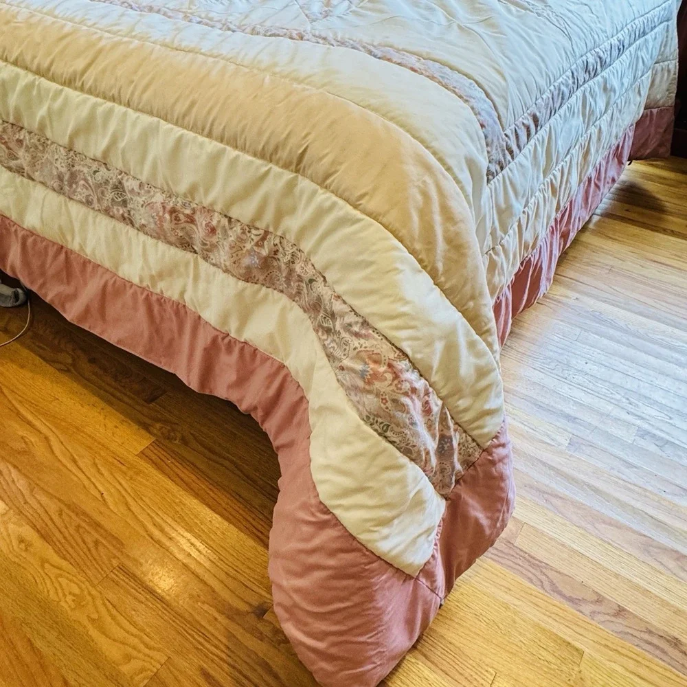 Handmade‎ Vintage Pink White Star Quilt Blanket Thick 110x96